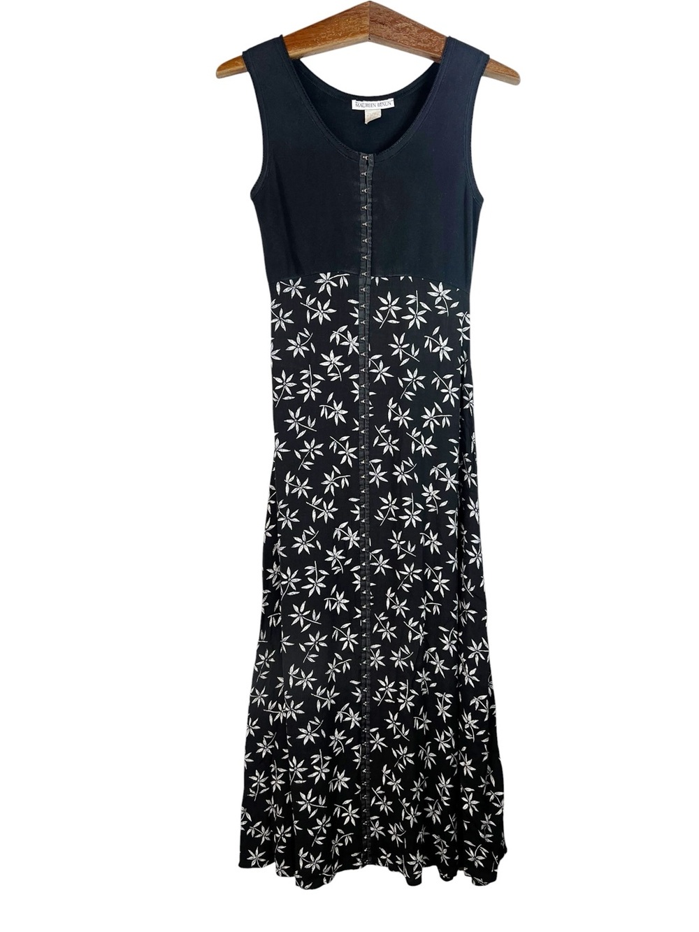 Vintage Maureen Benun Black White Floral Maxi Long Dress Size M USA Boho FLAW
